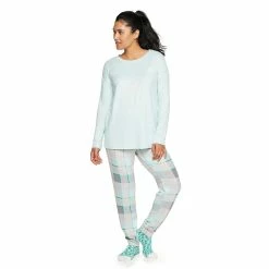 Women's Sonoma Goods For Life® 3-pc. Long Sleeve Pajama Top, Pajama Pants & Socks Set -Sonoma Goods For Life Shop 5034508 Aqua Buffalo Check