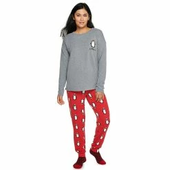 Women's Sonoma Goods For Life® 3-pc. Long Sleeve Pajama Top, Pajama Pants & Socks Set -Sonoma Goods For Life Shop 5034508 Red Penguin