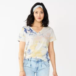 Petite Sonoma Goods For Life® Everyday Short Sleeve V-Neck Tee -Sonoma Goods For Life Shop 5234230 Blue Peach Tie Dye