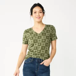 Petite Sonoma Goods For Life® Everyday Short Sleeve V-Neck Tee -Sonoma Goods For Life Shop 5234230 Olive Check Floral