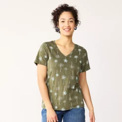 Petite Sonoma Goods For Life® Everyday Short Sleeve V-Neck Tee -Sonoma Goods For Life Shop 5234230 Olive Teal Palm Trees