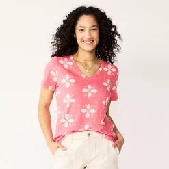 Petite Sonoma Goods For Life® Everyday Short Sleeve V-Neck Tee -Sonoma Goods For Life Shop 5234230 Pink Geo Flower