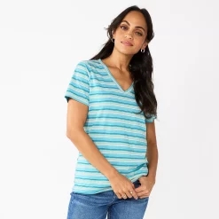 Petite Sonoma Goods For Life® Everyday Short Sleeve V-Neck Tee -Sonoma Goods For Life Shop 5234230 Teal Multi Stripe