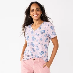 Petite Sonoma Goods For Life® Everyday Short Sleeve V-Neck Tee -Sonoma Goods For Life Shop 5234230 Wavy Pink Floral