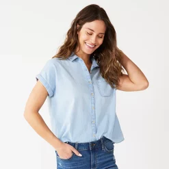 Petite Sonoma Goods For Life® Short Sleeve Button Down Shirt -Sonoma Goods For Life Shop 5243772 Light Wash Chambray