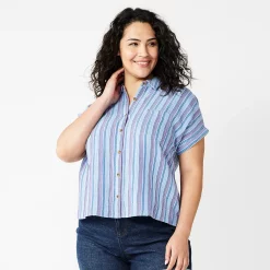 Plus Size Sonoma Goods For Life® Short Sleeve Button Down Top -Sonoma Goods For Life Shop 5258112 Blue Happy Stripe