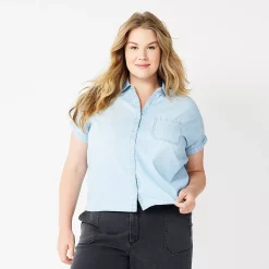 Plus Size Sonoma Goods For Life® Short Sleeve Button Down Top -Sonoma Goods For Life Shop 5258112 Light Wash Chambray