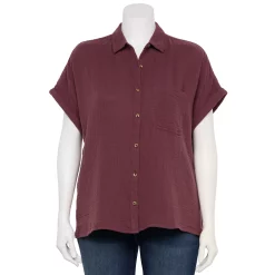 Plus Size Sonoma Goods For Life® Short Sleeve Button Down Top -Sonoma Goods For Life Shop 5258112 Plum Prune