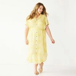 Plus Size Sonoma Goods For Life® Button Front Midi Shirt Dress -Sonoma Goods For Life Shop 5317244 Citron Dots