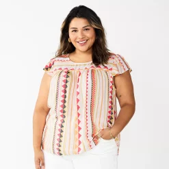Plus Size Sonoma Goods For Life® Short Sleeve Yoke Front Top -Sonoma Goods For Life Shop 5511621 Peach Triangle Stripe