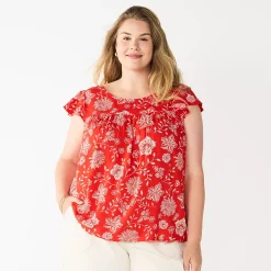 Plus Size Sonoma Goods For Life® Short Sleeve Yoke Front Top -Sonoma Goods For Life Shop 5511621 Red Floral