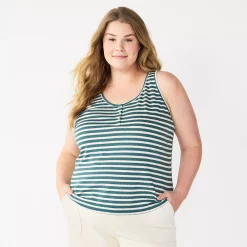 Plus Size Sonoma Goods For Life® Striped Henley Tank -Sonoma Goods For Life Shop 5528667 Green Cream Stripe