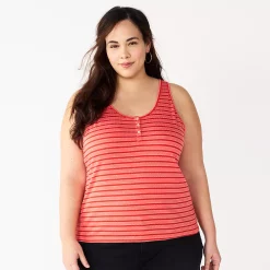 Plus Size Sonoma Goods For Life® Striped Henley Tank -Sonoma Goods For Life Shop 5528667 Red Coral Stripe