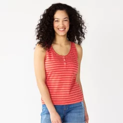 Women's Sonoma Goods For Life® Striped Henley Tank Top -Sonoma Goods For Life Shop 5529186 Red Coral Stripe