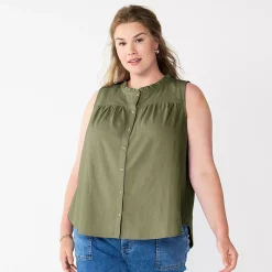 Plus Size Sonoma Goods For Life® Solid Ruffled Button-Front Tank -Sonoma Goods For Life Shop 5575169 Olive Night
