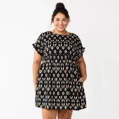 Plus Size Sonoma Goods For Life® Ruffled A-Line Mini Dress -Sonoma Goods For Life Shop 5584068 Black Ikat