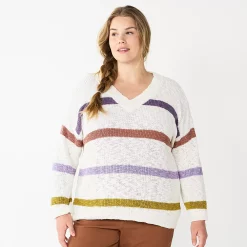 Plus Size Sonoma Goods For Life® Long Sleeve V-Neck Sweater -Sonoma Goods For Life Shop 5585496 Beige Stripe