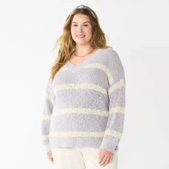 Plus Size Sonoma Goods For Life® Long Sleeve V-Neck Sweater -Sonoma Goods For Life Shop 5585496 Gray Stripe