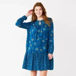 Women's Sonoma Goods For Life® Printed Long Sleeve Dress -Sonoma Goods For Life Shop 5657674 Blue Multi Floral