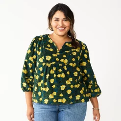 Plus Size Sonoma Goods For Life® Notchneck Long Sleeve Top -Sonoma Goods For Life Shop 5661416 Green Yellow Floral