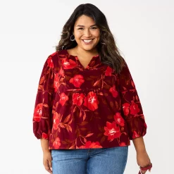 Plus Size Sonoma Goods For Life® Notchneck Long Sleeve Top -Sonoma Goods For Life Shop 5661416 Large Red Floral