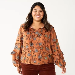 Plus Size Sonoma Goods For Life® Ruffle Peasant Top -Sonoma Goods For Life Shop 5662063 Brown Blue Floral