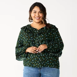 Plus Size Sonoma Goods For Life® Ruffle Peasant Top -Sonoma Goods For Life Shop 5662063 Dark Green Mini Floral