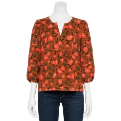 Petite Sonoma Goods For Life® Notchneck Sleeve Piecing Top -Sonoma Goods For Life Shop 5664273 Brown Coral Floral