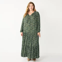 Plus Size Sonoma Goods For Life® Tiered Long Sleeve Maxi Dress -Sonoma Goods For Life Shop 5664433 Olive Multi Floral