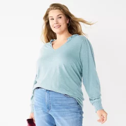 Plus Size Sonoma Goods For Life® Smocked Sleeve V-Neck Top -Sonoma Goods For Life Shop 5689960 Light Blue