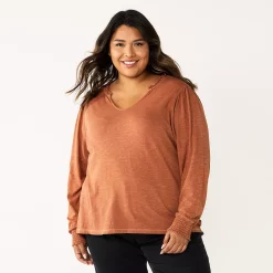 Plus Size Sonoma Goods For Life® Smocked Sleeve V-Neck Top -Sonoma Goods For Life Shop 5689960 Orange