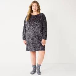 Plus Size Sonoma Goods For Life® 2-pc. Long Sleeve Crewneck Sleepshirt & Socks Set -Sonoma Goods For Life Shop 5690616 Black Leopard