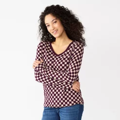 Petite Sonoma Goods For Life® Everyday Long Sleeve V-Neck Top -Sonoma Goods For Life Shop 5705363 Berry Checkerboard