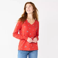 Petite Sonoma Goods For Life® Everyday Long Sleeve V-Neck Top -Sonoma Goods For Life Shop 5705363 Red Scatter Floral
