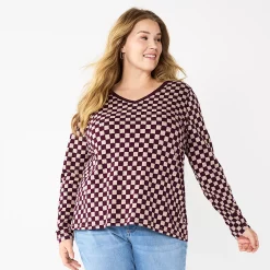 Plus Size Sonoma Goods For Life® Favorite Long Sleeve V-Neck Tee -Sonoma Goods For Life Shop 5705505 Berry Checkerboard