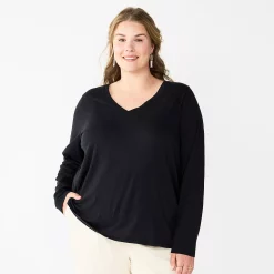Plus Size Sonoma Goods For Life® Favorite Long Sleeve V-Neck Tee -Sonoma Goods For Life Shop 5705505 Black