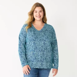 Plus Size Sonoma Goods For Life® Favorite Long Sleeve V-Neck Tee -Sonoma Goods For Life Shop 5705505 Blue Floral