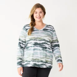 Plus Size Sonoma Goods For Life® Favorite Long Sleeve V-Neck Tee -Sonoma Goods For Life Shop 5705505 Gray Animal Print