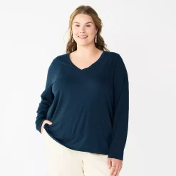 Plus Size Sonoma Goods For Life® Favorite Long Sleeve V-Neck Tee -Sonoma Goods For Life Shop 5705505 Navy