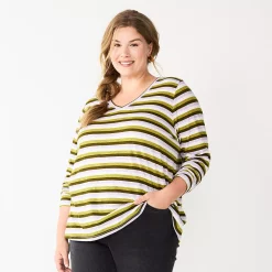 Plus Size Sonoma Goods For Life® Favorite Long Sleeve V-Neck Tee -Sonoma Goods For Life Shop 5705505 Olive Stripe