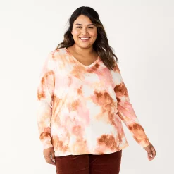 Plus Size Sonoma Goods For Life® Favorite Long Sleeve V-Neck Tee -Sonoma Goods For Life Shop 5705505 Pink Multi Dye