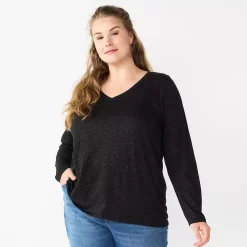 Plus Size Sonoma Goods For Life® Favorite Long Sleeve V-Neck Tee -Sonoma Goods For Life Shop 5705505 Pitch Black