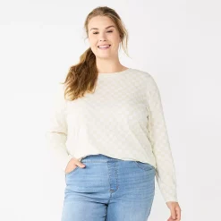 Plus Size Sonoma Goods For Life® Everyday Crewneck Long Sleeve Top -Sonoma Goods For Life Shop 5714078 Beige Check