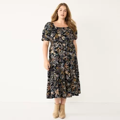 Plus Size Sonoma Goods For Life® Smocked Tiered Midi Dress 9 Plus Size Sonoma Goods For Life® Smocked Tiered Midi Dress -Sonoma Goods For Life Shop 5805883 Black Floral