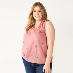 Plus Size Sonoma Goods For Life® Y-Neck Ruffle Tank -Sonoma Goods For Life Shop 5831170 Pink Mauve Geo Floral