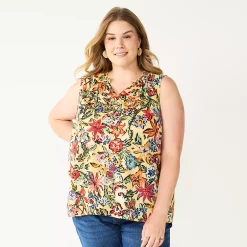 Plus Size Sonoma Goods For Life® Y-Neck Ruffle Tank -Sonoma Goods For Life Shop 5831170 Tan Pink Floral