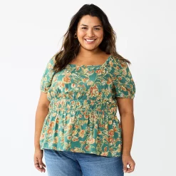 Plus Size Sonoma Goods For Life® Short Sleeve Squareneck Top -Sonoma Goods For Life Shop 5850563 Green Floral