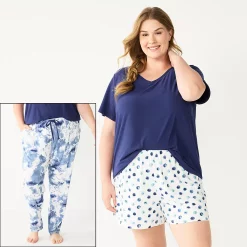 Plus Size Sonoma Goods For Life® 3-piece Pajama Top, Pajama Shorts & Pajama Pants Sleep Set -Sonoma Goods For Life Shop 5879135 Blue Cloudy Dye