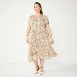Plus Size Sonoma Goods For Life® Button Front Tiered Midi Dress -Sonoma Goods For Life Shop 5927443 Pink Floral