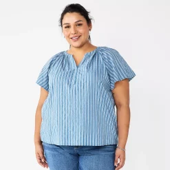 Plus Size Sonoma Goods For Life® Flutter Sleeve Y-Neck Top -Sonoma Goods For Life Shop 5929300 Blue Stripe